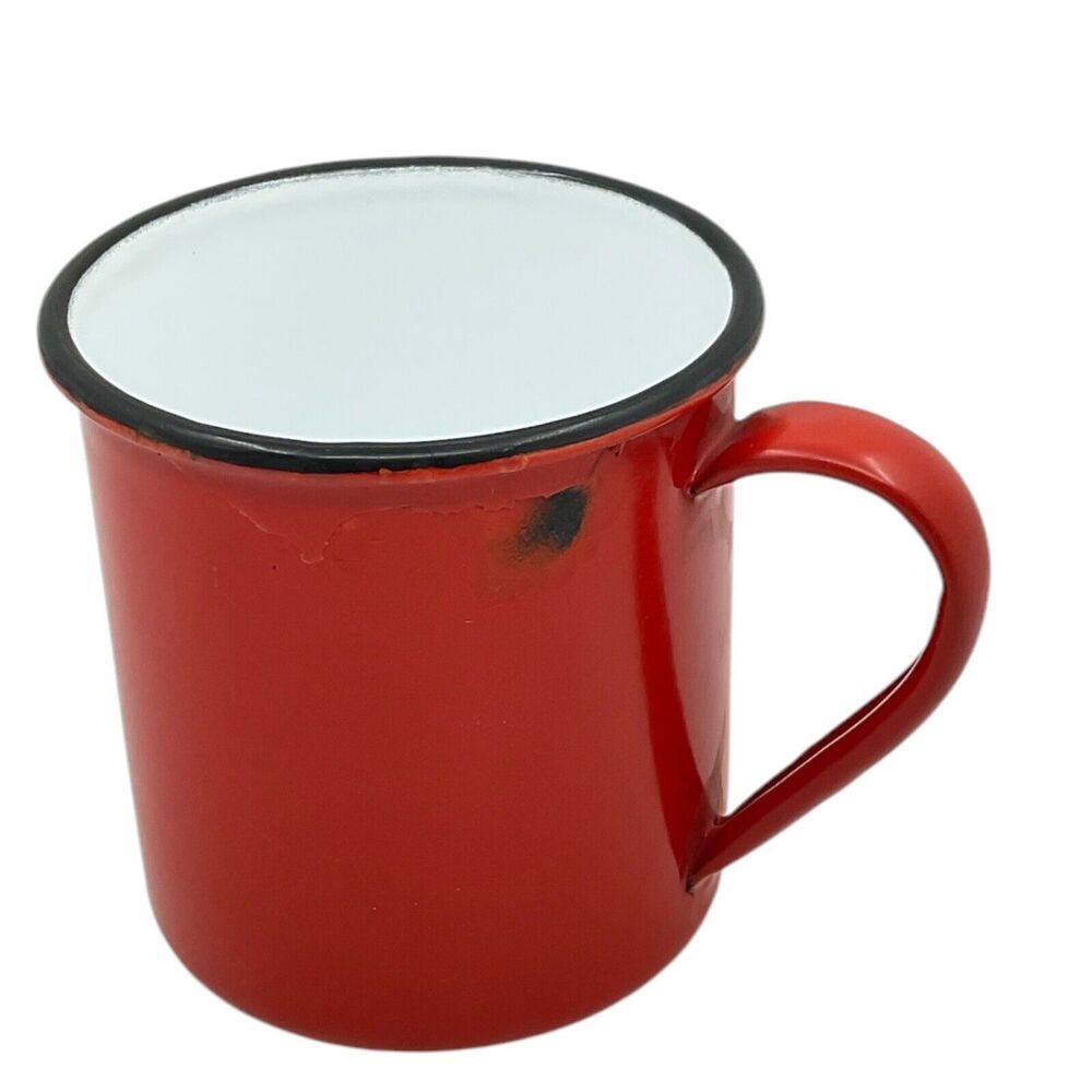 Red Solid‎ Graniteware Coffee Cup OTTO Japan Black Rim Enamel Mug Farmhouse